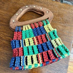 Rainbow crocheted wooden top handle bag